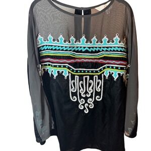 Roja Womens Black Velvet Sheer Mesh Embroidered Boho Fairy Long Sleeve Top XS